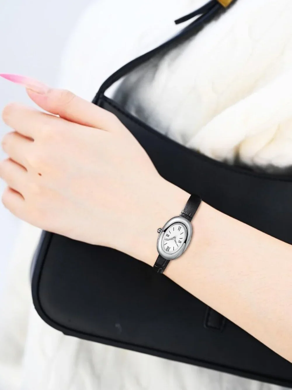 Women's Silver Black Analog Quartz Elegant Dial Bangle Vintage Bracelet Watch